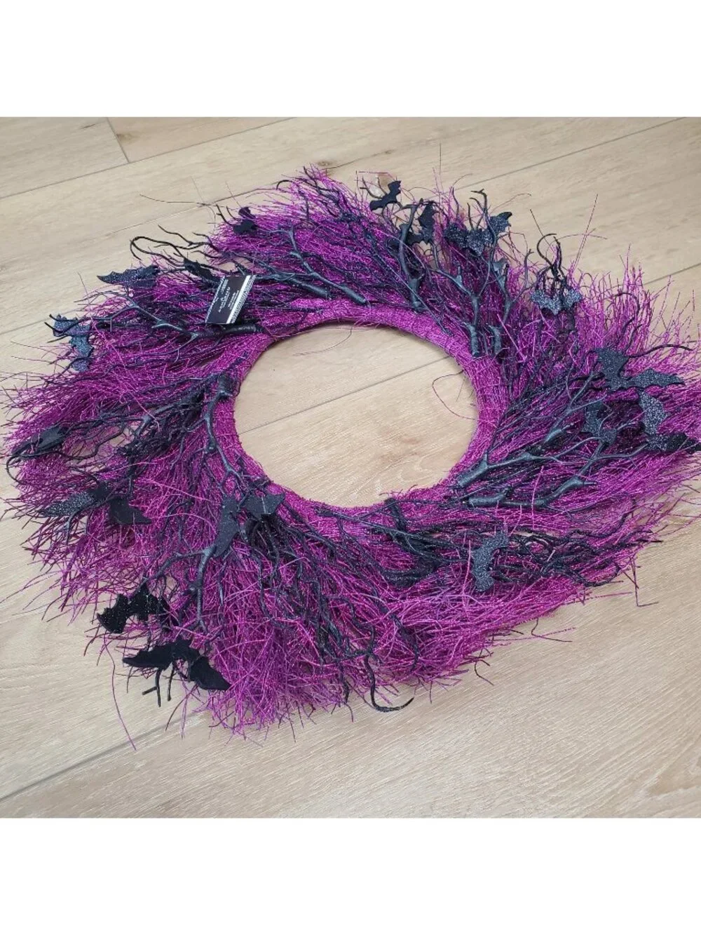 24 Inch Halloween Wreath Purple Glitter with Black Bats Whimsigoth Witchy Hocus